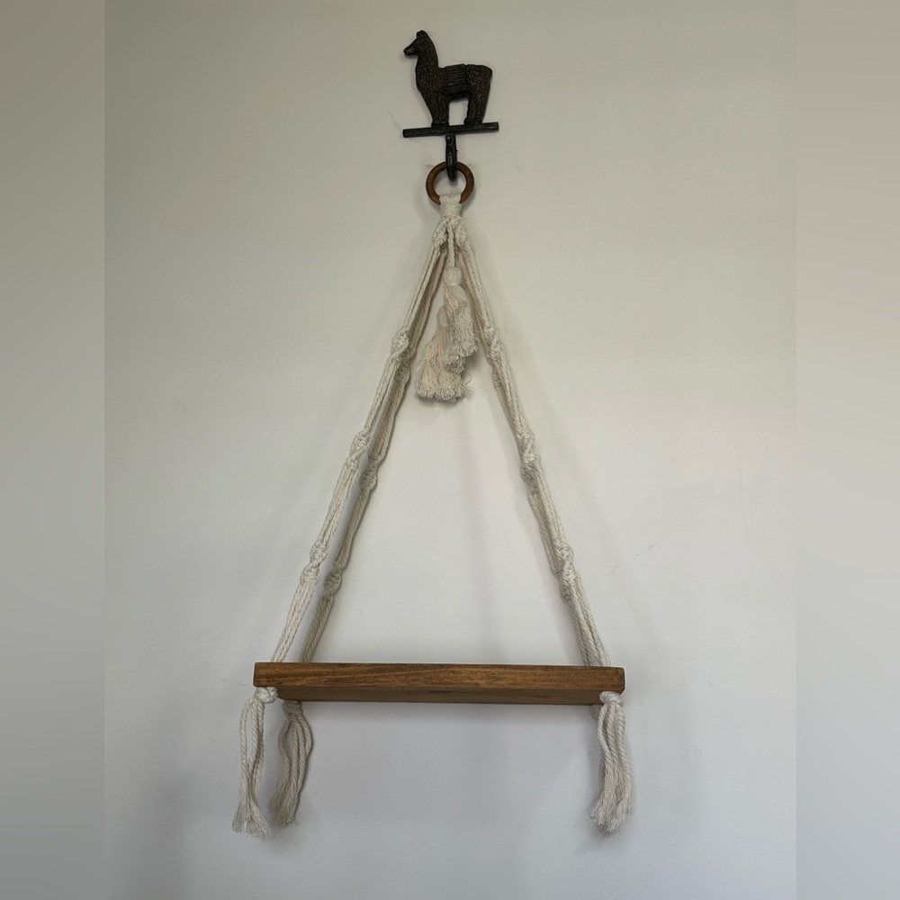 Handcrafted Cream and Wood Hanging Shelf